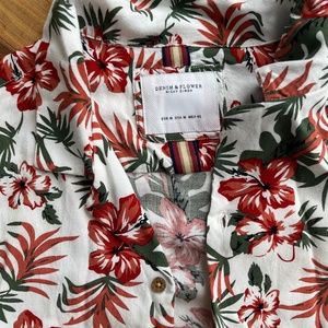 Hawaiian shirt denim and flowers medium unisex